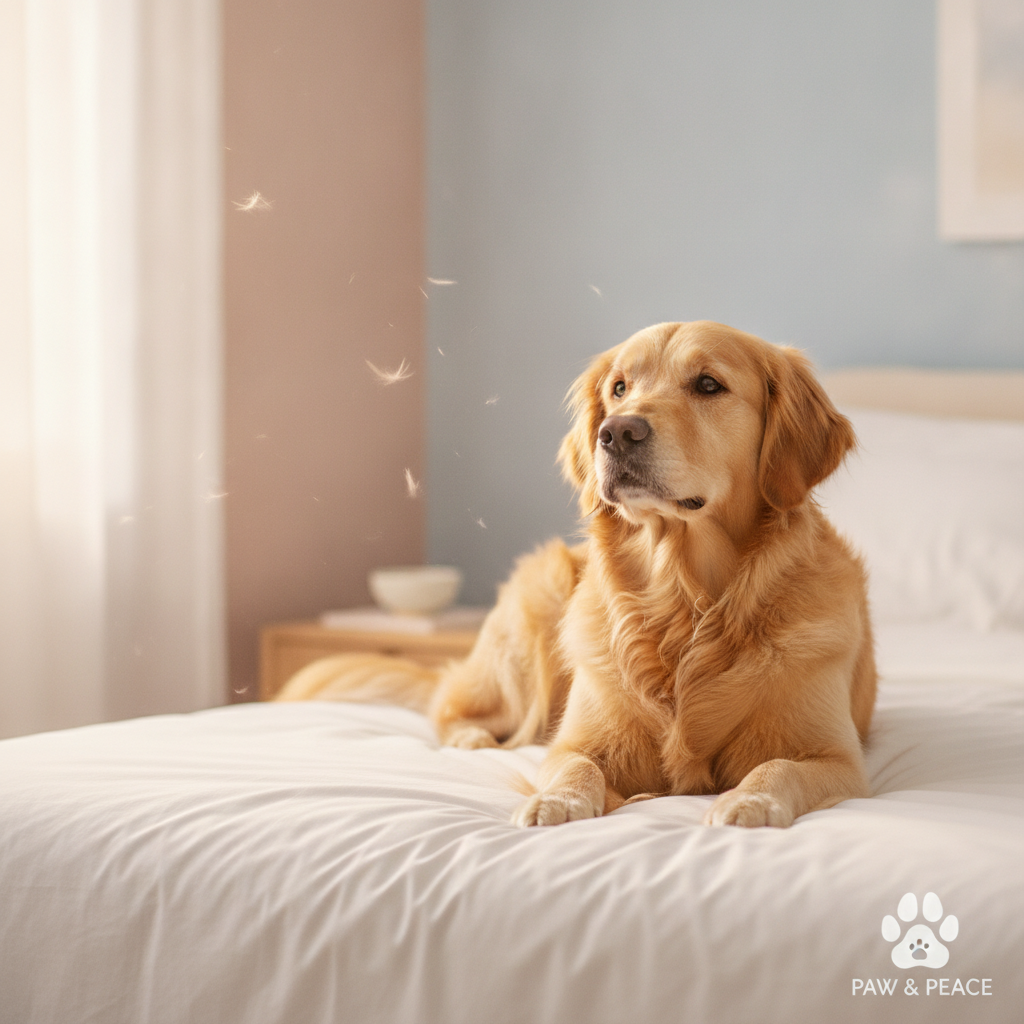 Happy golden retriever enjoying a soft chew vitamin treat in natural morning light