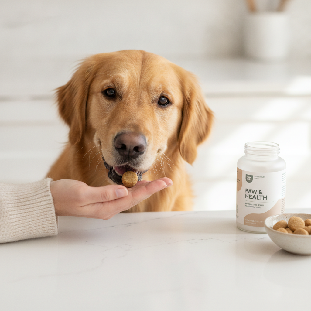 Happy golden retriever eating a soft chew vitamin treat