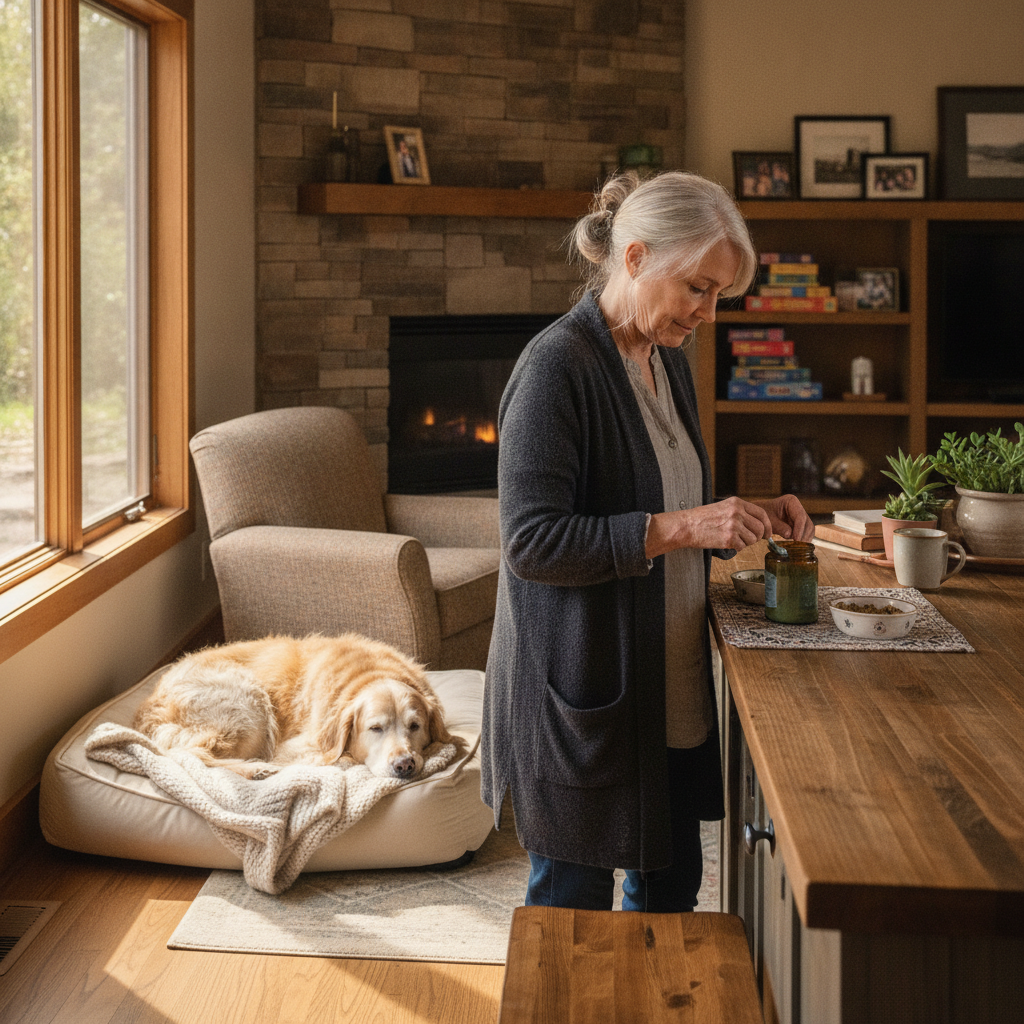 Senior dog resting comfortably while owner prepares daily supplement