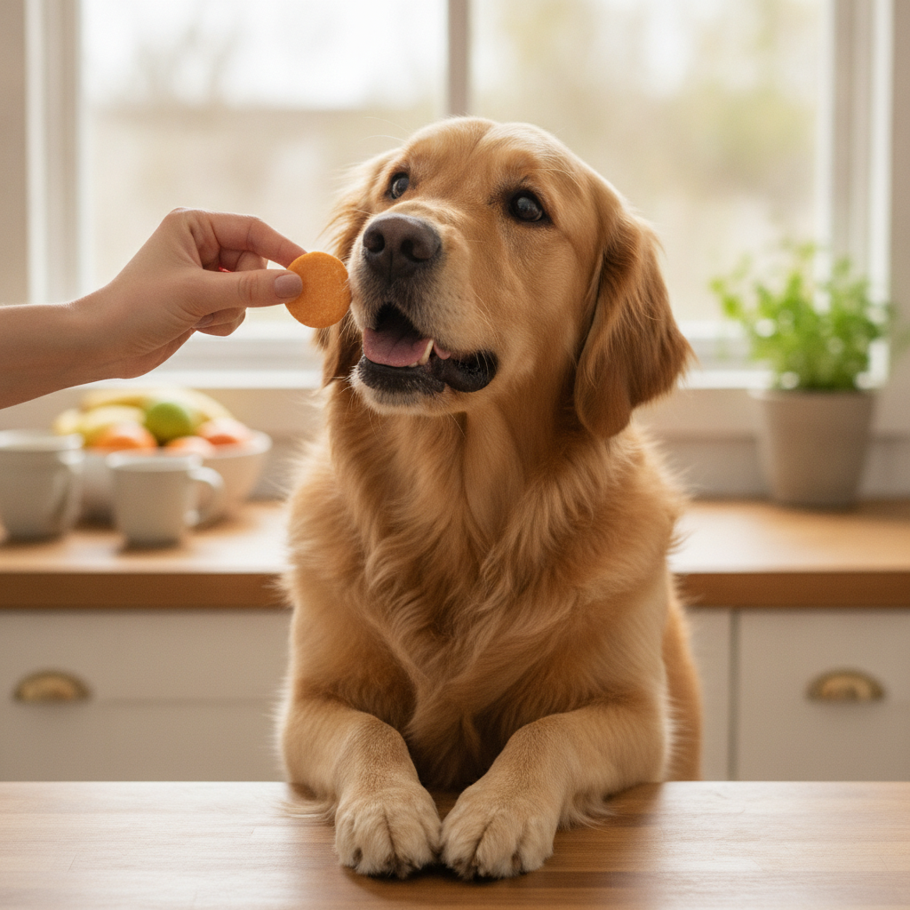 Woman offering a soft vitamin chew to a healthy eager dog in warm natural kitchen light