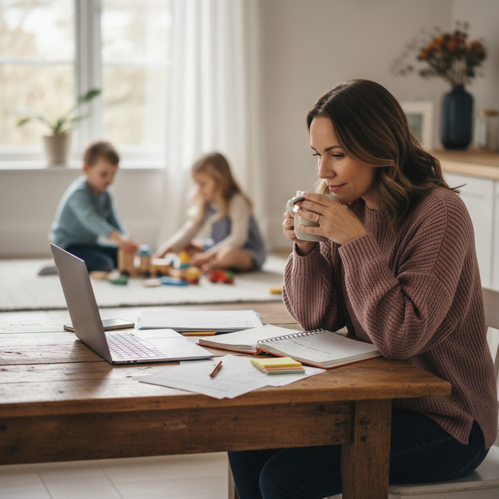 Mom at kitchen table, children in background, natural morning light, realistic, no text