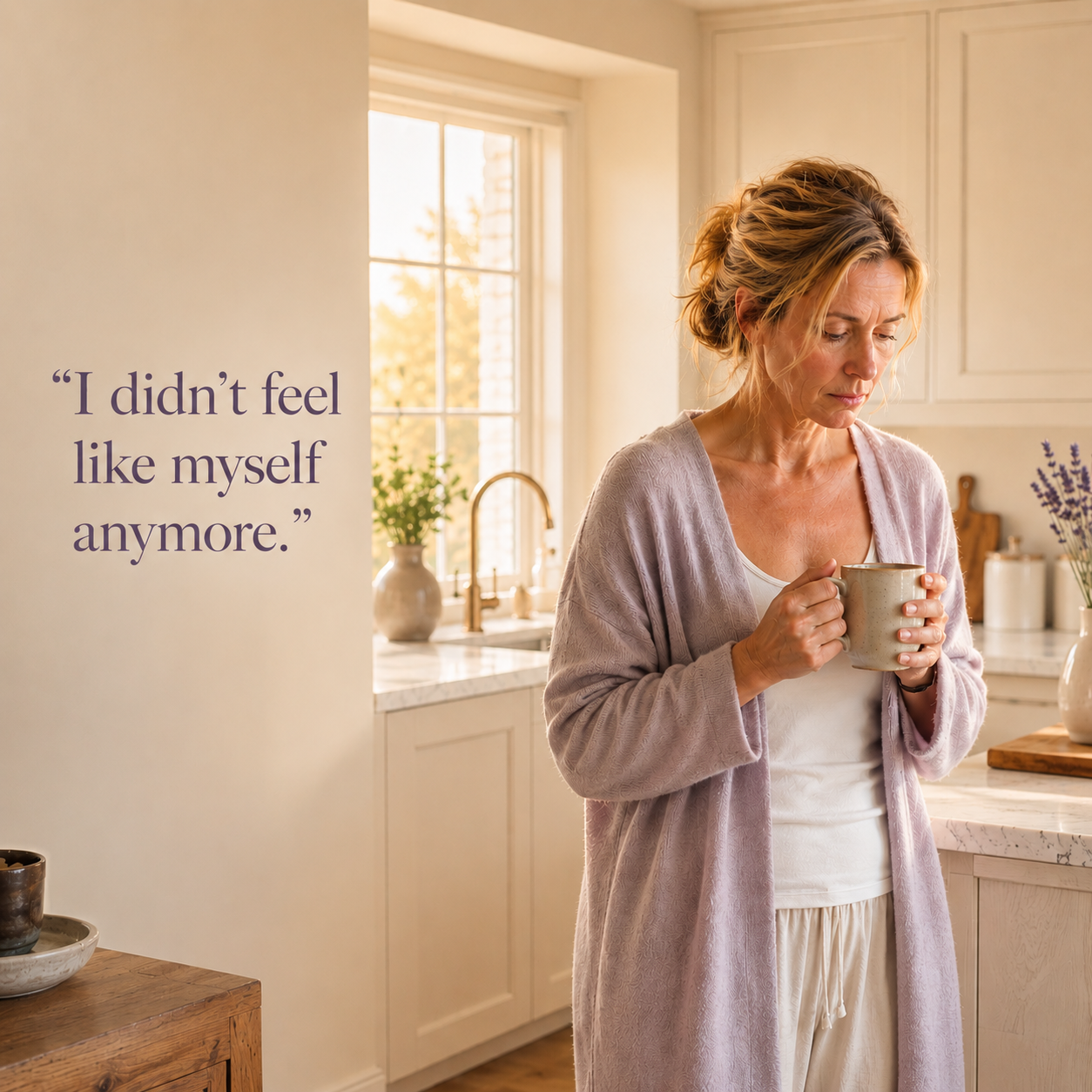 Woman smiling, calmer and clearer after starting Daily Reset Blend